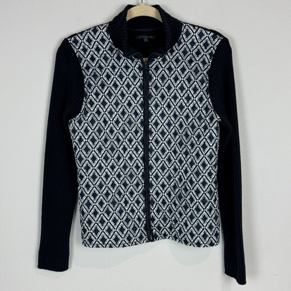 For Cynthia Navy Quilted Full Zip Ribbed Sweater Jacket PM